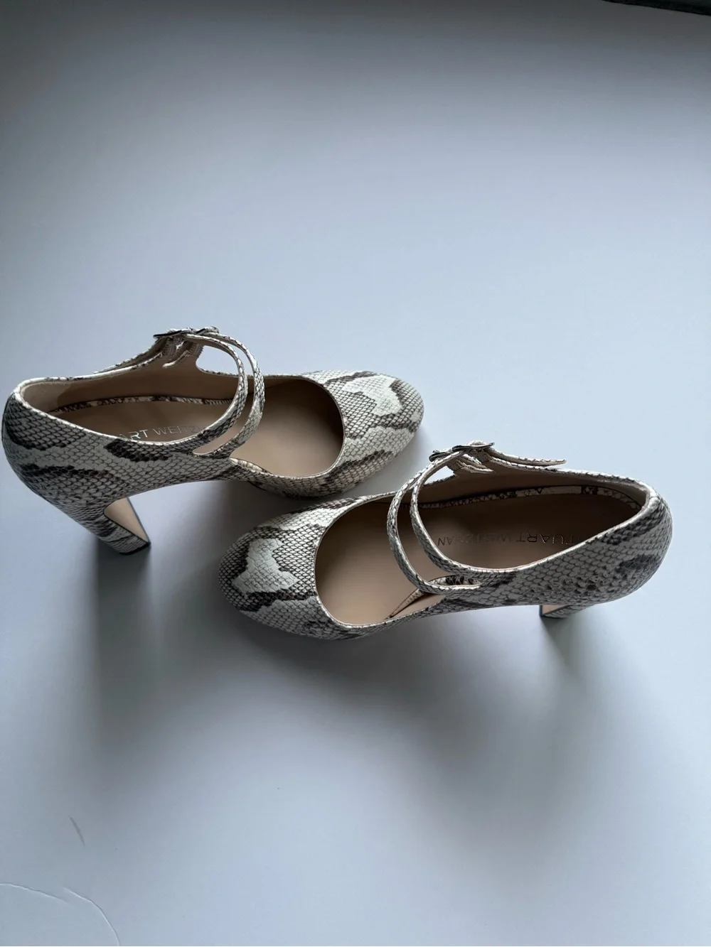 Stuart Weitzman Snake-Print Double-Strap Pumps in Beige and Brown